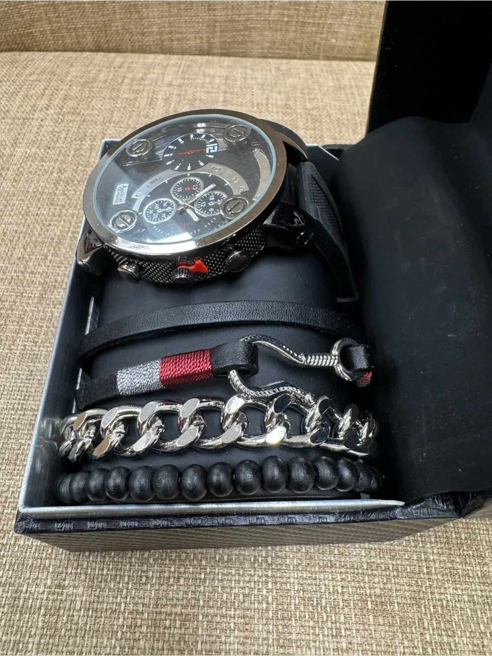 American Exchange Men's 4-Piece Watch & Bracelet Set Metal/Faux Leather Black
